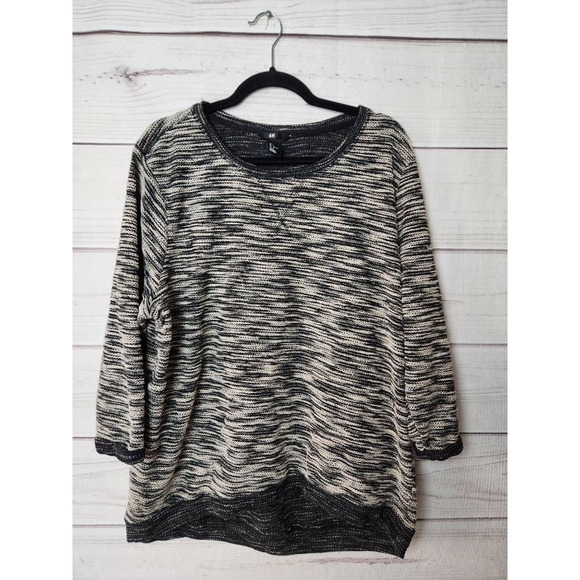 H&M Womens Pullover Sweater Gray Space Dye 3/4 Sleeve Scoop Neck Tight Knit L - Picture 1 of 6
